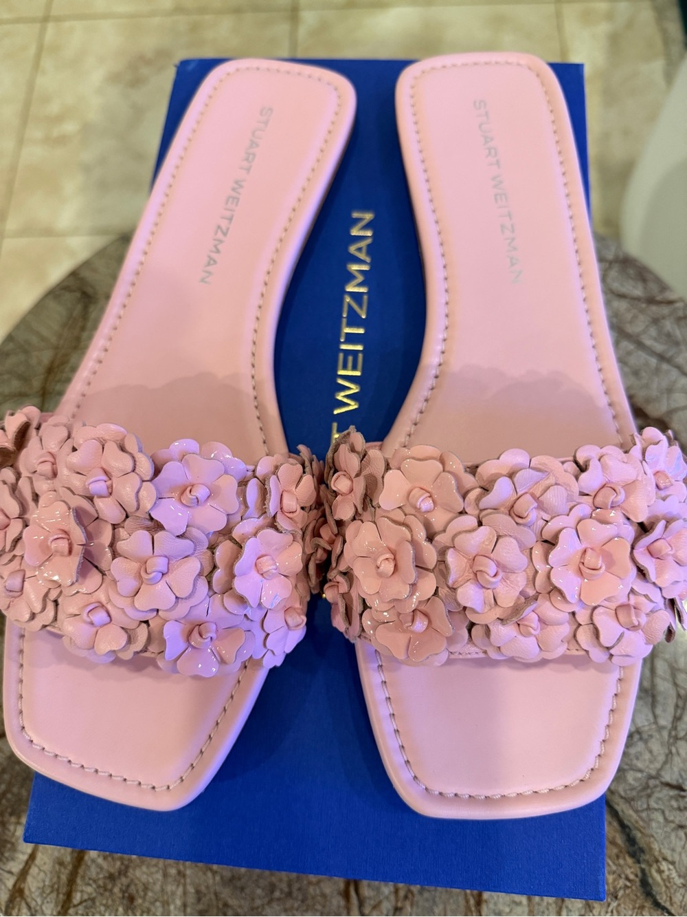 Stuart Weitzman Pink Floral Appliqué Slide Mules, 11B